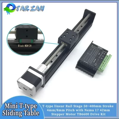 Mini guia linear tipo t, estágio 50 ~ 400mm, curso 4/8mm, passo, auto-bloqueio, mesa deslizante nema17 42, kit de acionamento de motor de passo para torno