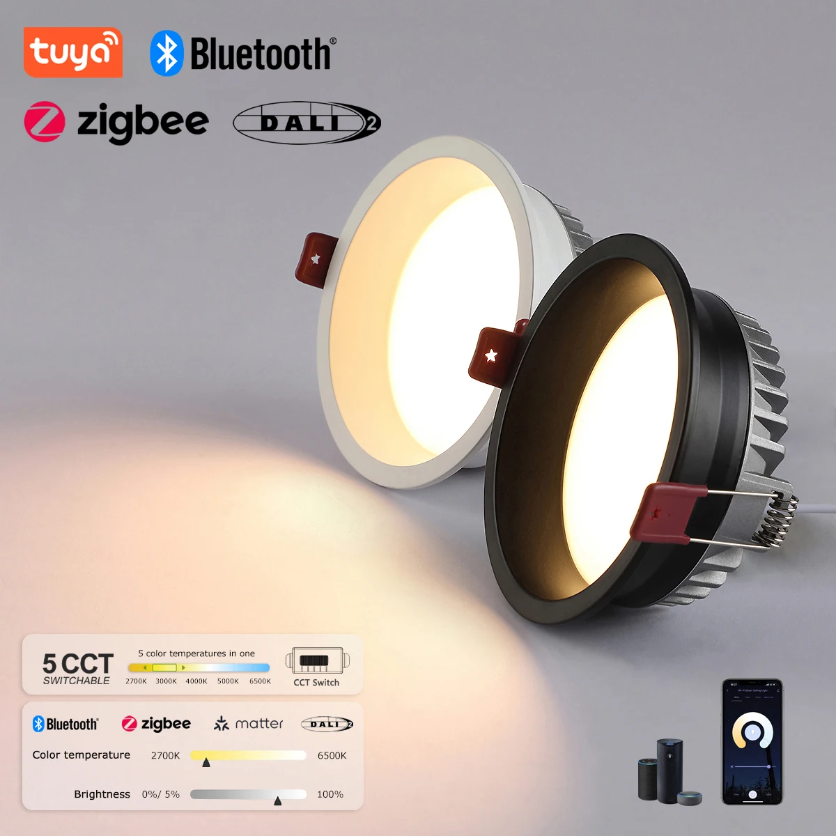 Tuya zigbee dali inteligente led downlight anti-reflexo recesso 5 cct preto/branco 110/220v regulável lâmpada do teto quarto cozinha