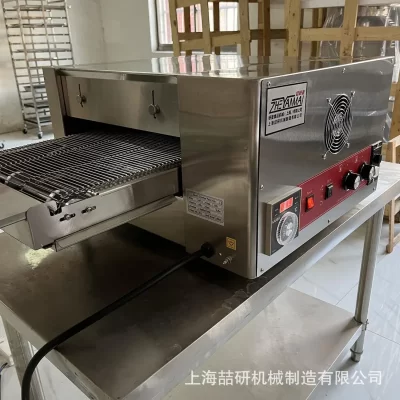 Forno transportador de corrente comercial personalizado, hambúrgueres, pizza, bife, forno túnel tipo pista pequeno