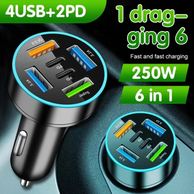 250w 5 portas carregador de carro carregamento rápido pd qc3.0 usb c adaptador carregador de telefone carro com tensão para iphone samsung huawei xiaomi