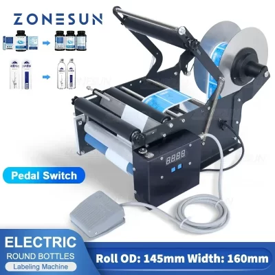 Zonesun ZS-TB16P máquina de rotulagem de garrafas redondas elétrica semiautomática frasco de garrafa de plástico de vidro com embalagem de adesivo de frasco de pedal