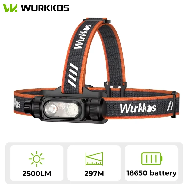 Wurkkos HD16 2500LM USB-C farol recarregável com luz vermelha e brilho automático Lanterna máxima de 297M para camping