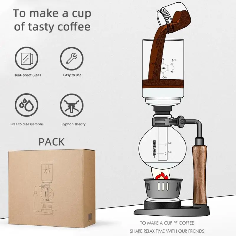 Máquina de café sifão MHW-3BOMBER com alça de madeira, panela a vácuo, máquina de sifão japonesa, cafeteira de gotejamento de vidro de 1-3 copos - Image 3