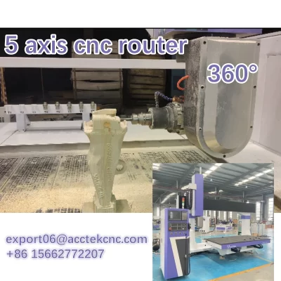 Máquina roteadora CNC de madeira de 5 eixos para serviço pesado com cabeça de rotação para escultura 3D de 360 graus e escultura em relevo plano