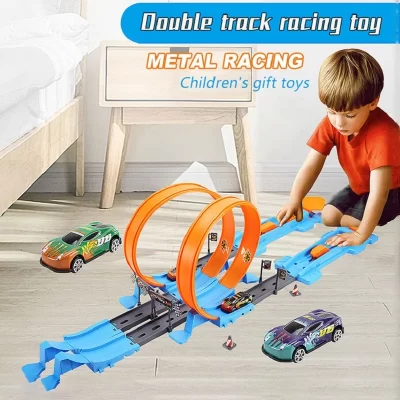 Hot Stunt Speed Double Car Wheels Model Racing Track, DIY montado Rail Kits, trilho catapulta, menino brinquedos para crianças, presente