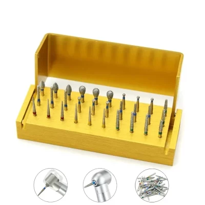 30 pçs/set kit de brocas dentárias de alumínio com suporte dental diamante burs para alta velocidade handpiece turbina burs caixa desinfecção