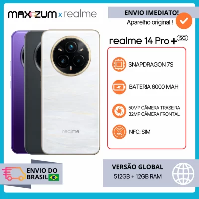Realme 14 PRO+ 5G 512GB+12GB RAM, 256GB+12GB RAM, Câmera 50MP, Processador Qualcomm Snapdragon 7s , Versão Global