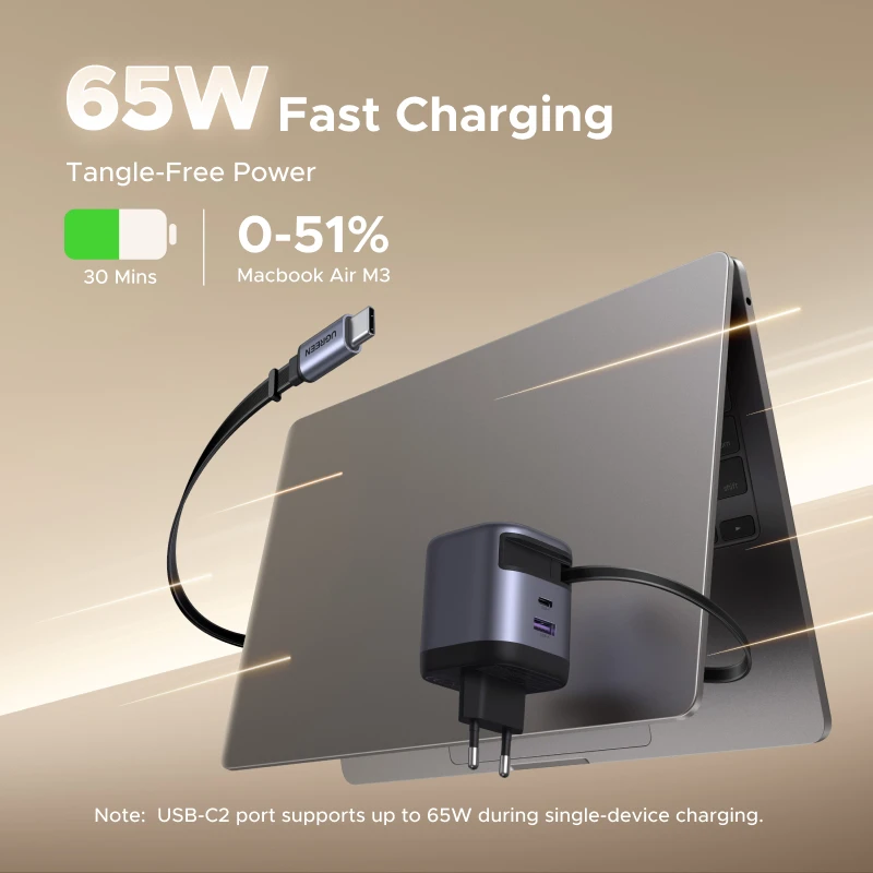 UGREEN 65W GaN Charger With Retractable USB C Cable For iPhone 16 15 Pro Samsung Xiaomi Laptop Macbook Tablet PD Fast Charger - Image 3