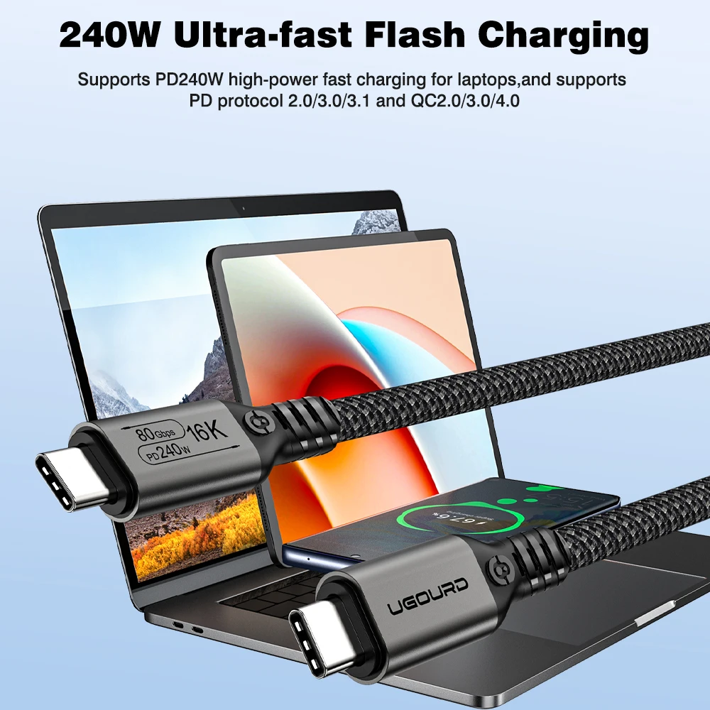 UGOURD 80Gbps Thunderbolt 5 Cable Certified Chip USB-C Thunderbolt5 2m 0.3m 120Gbps 240W 16K for MacBook M.2 Hard Drive USB4-V2 - Image 3