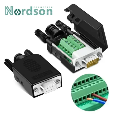 Plugue sem solda de porta serial db9 com 4 tubos de escape macho fêmea bloco terminal de 9 pinos D-SUB rs232 rs485 com conector de fivela de fio