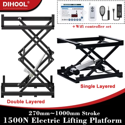 Plataforma de elevação elétrica 1500n com controlador inteligente conjunto 270mm ~ 1005mm curso rf485 60kg ~ 150kg carga 2 camadas mesa de elevação de tesoura