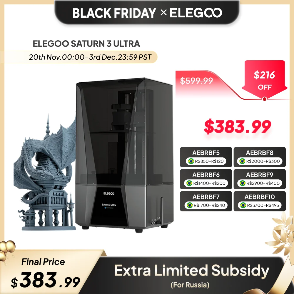 ELEGOO SATURN 3 Ultra 12K Mono MSLA 3D Printer Speed Up to 150mm/h 10'' 12K LCD Resin 3D Printer Printing Size 219*123*260mm