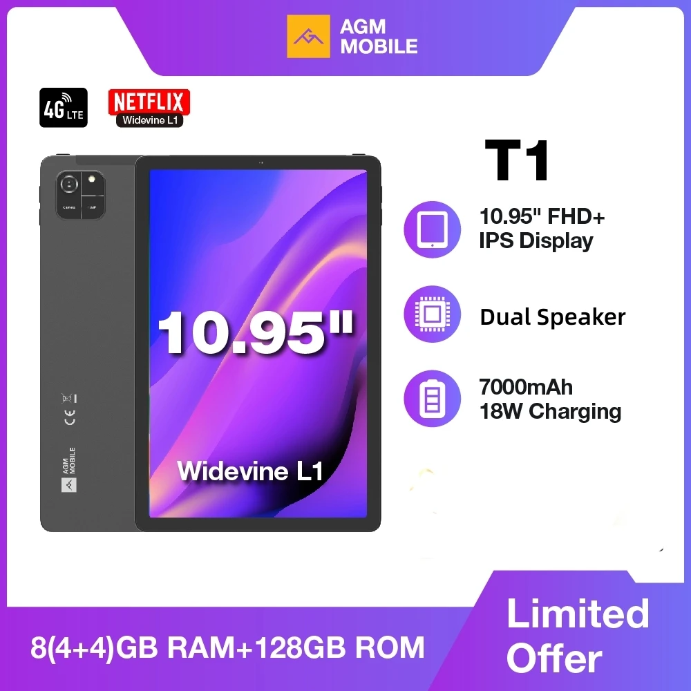 AGM PAD T1 Tablet 10.95 polegadas 1200*1920 FHD + Tela 8(4 + 4)GB RAM 128GB ROM 4G LTE Android 14 Unisoc T606 Tablets Widevine L1