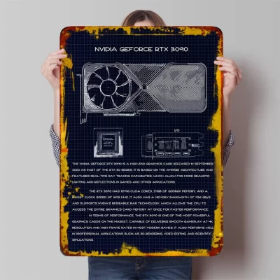 NVIDIA GeForce RTX 3090 Blueprint Metal Wall Art High-End Graphics Card Decor for Gamers and Tech Enthusiasts