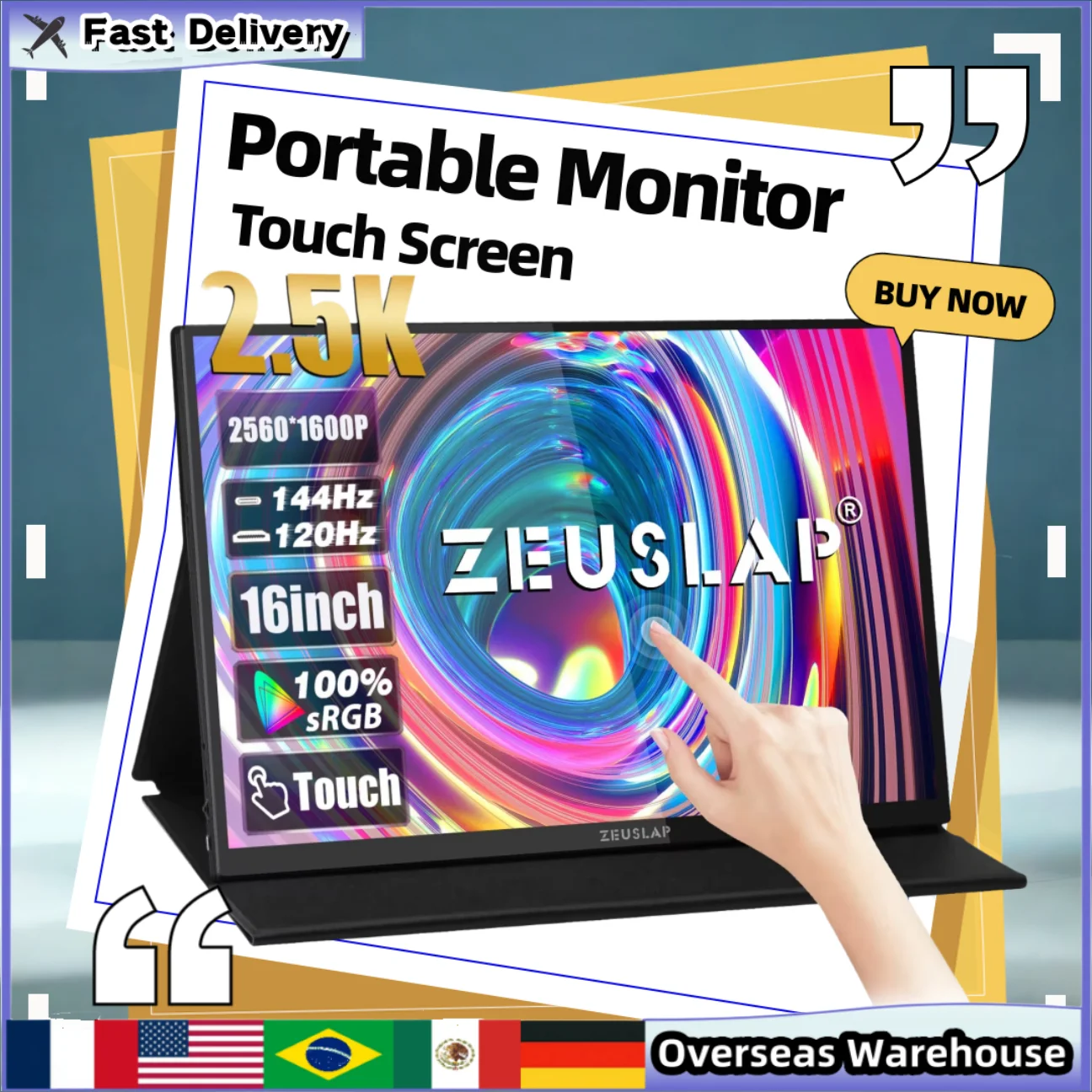 ZEUSLAP Portable Monitor Touch Screen 16" 2.5K 144hz Travel Display 2560*1600 100%sRGB 500Cd/m² For Laptop Computer Game Gift