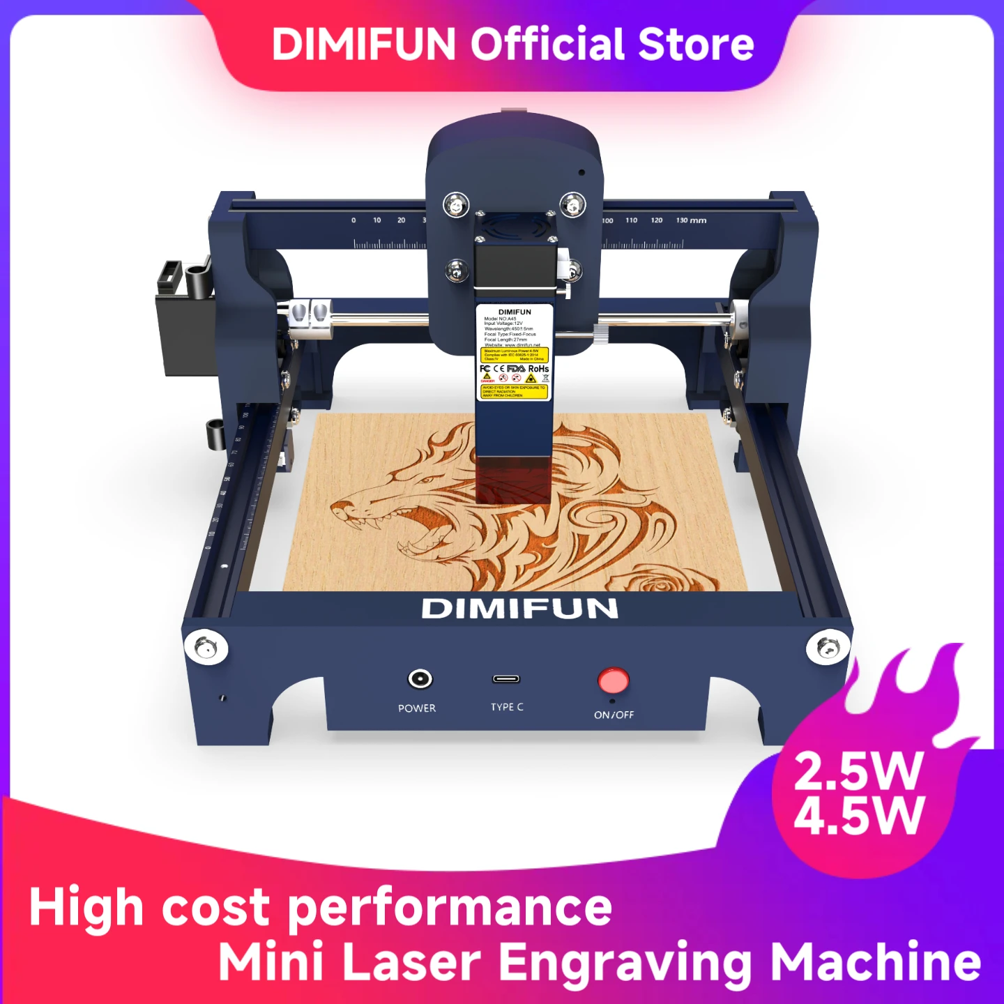DIMIFUN Mini máquina de gravação a laser CNC portátil de 2,5/4,5 W, pode ser anexada com painel de favo de mel, adequada para madeira, acrílico, MDF