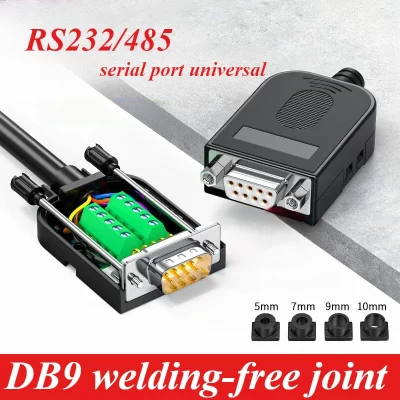 Conector sem solda db9, terminais de fuga de 9 pinos, adaptador com D-SUB rs232 rs485, porta serial universal, conector macho e fêmea