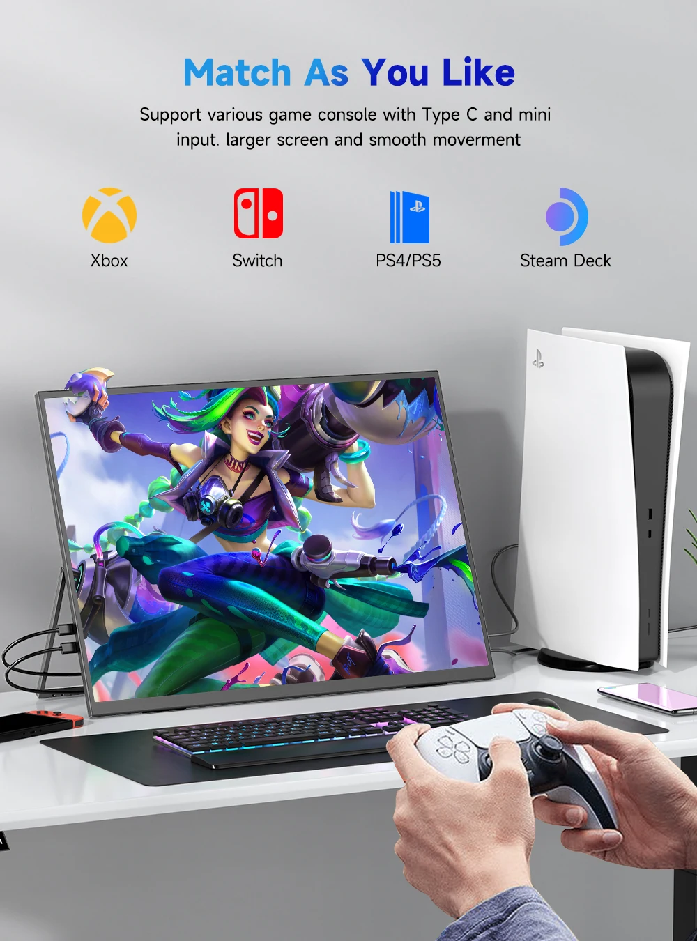 UPERFECT UGame 23.8inch 1080P 120Hz Monitor Gaming For XBox Series X / S PS5 Switch VESA Large Laptop Screen USB C/HDMI Display - Image 4