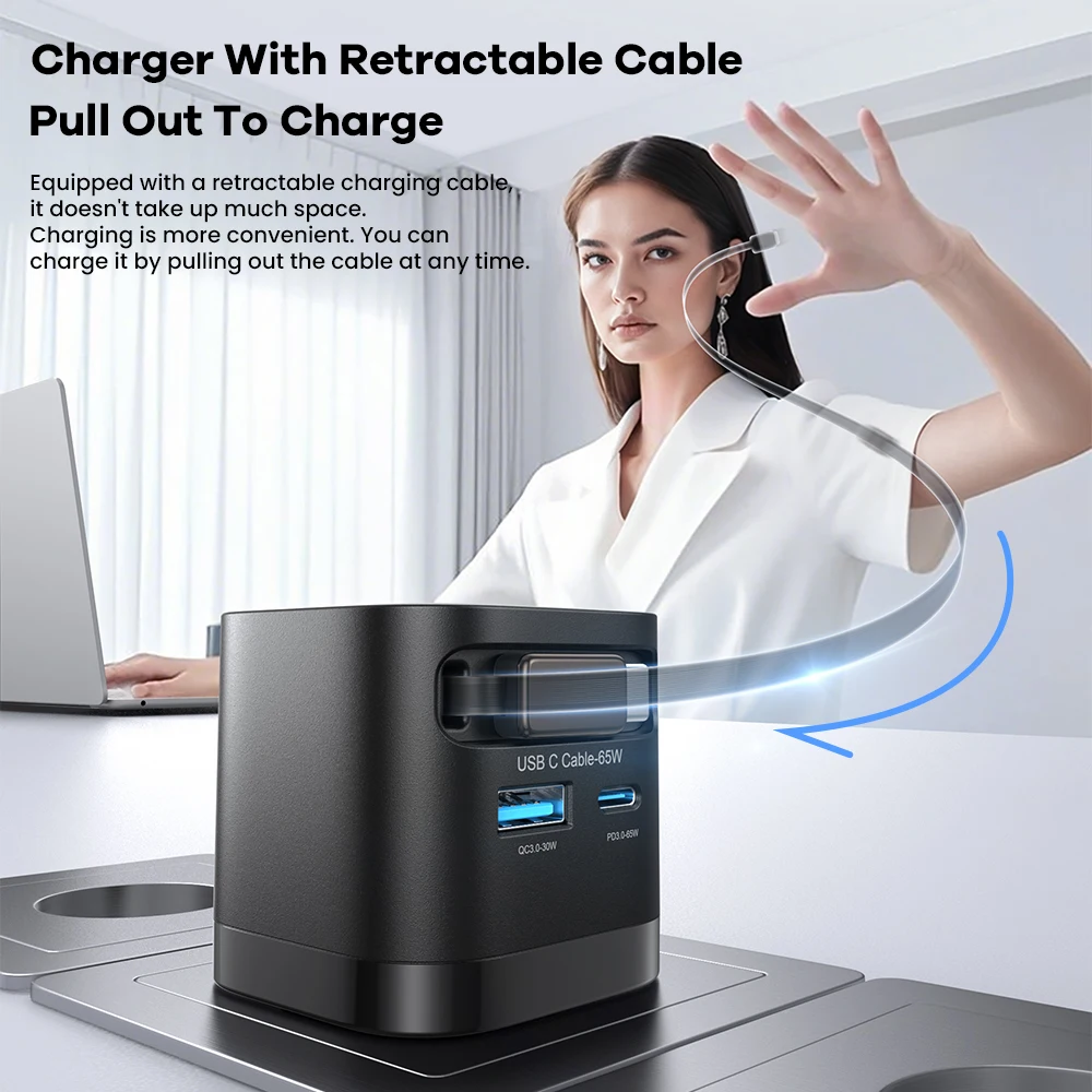 65W GaN USB Charger with Type C Retractable Cable 3 Port QC4.0 PD3.0 PPS Fast Charger for Macbook Laptop iPhone 16 15 14 Xiaomi - Image 3