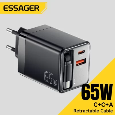 Carregador GaN Essager 65W com cabo retrátil PD de carregamento rápido para laptop Macbook iPhone 16 15 14 Xiaomi Type-C Carregador de telefone