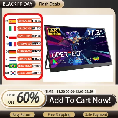 UPERFECT 17.3"4K 500Nits Portable Monitor 100I-P3 16:9 HDR FreeSync IPS Screen Travel Office Game Display For PC XBox PS4/5