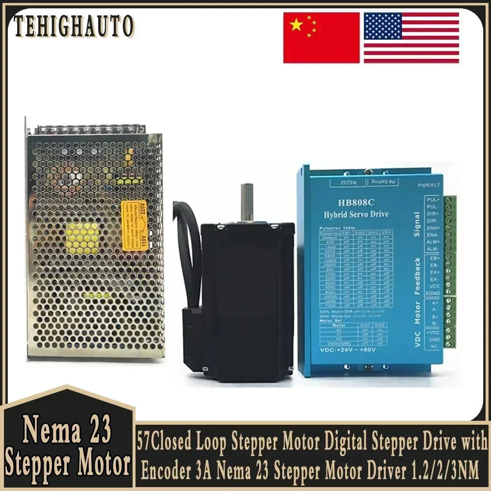 Nema23 circuito fechado motor de passo kit fonte alimentação 1.2/2/3 nm fácil servo motor eixo 8mm 2 fases motor passo 3m cabo
