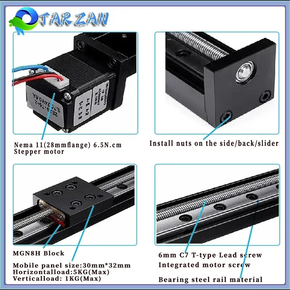 Mini mesa deslizante tipo t, trilho linear, palco 50/100/200/300mm, curso, parafuso trapezoidal, motor de passo para eixo xyz, impressora 3d cnc - Image 2
