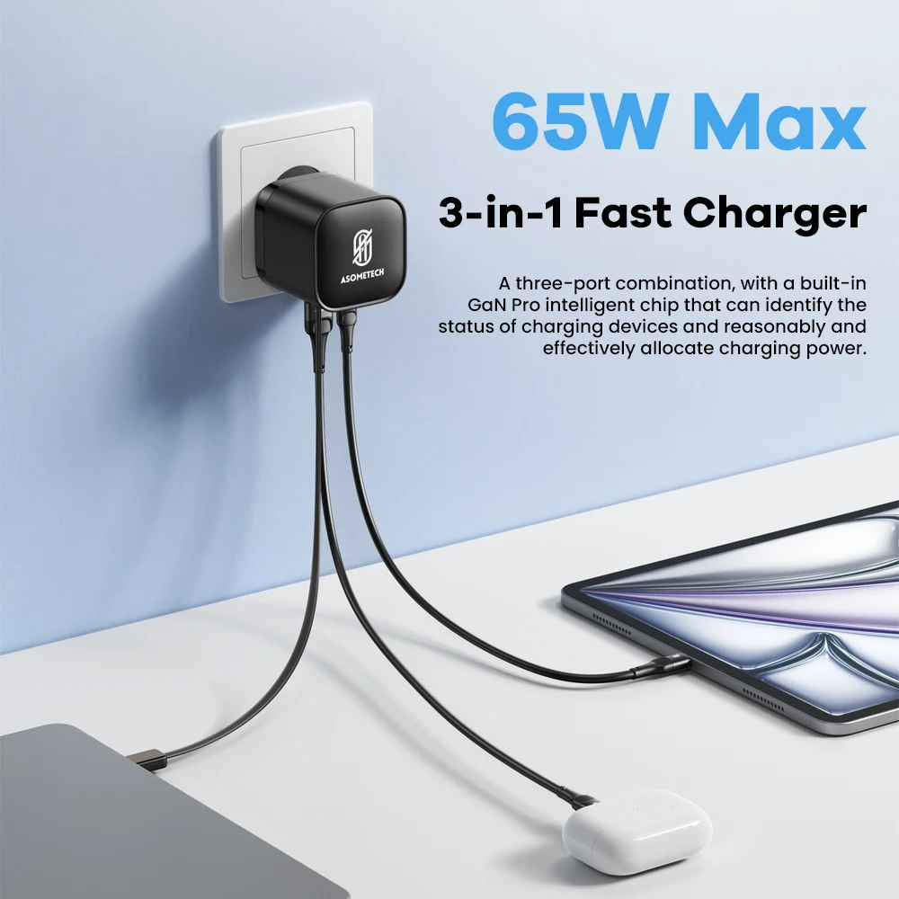 65W GaN USB Charger with Type C Retractable Cable 3 Port QC4.0 PD3.0 PPS Fast Charger for Macbook Laptop iPhone 16 15 14 Xiaomi - Image 2