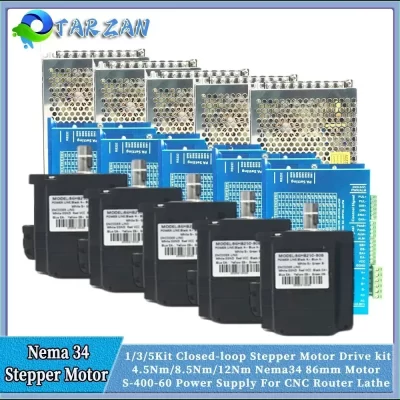 Motor de passo de circuito fechado nema34 de 1-3 eixos 4.5/8.5/12nm 6a 86mm servo motor híbrido com driver codificador 400w kit de fonte de alimentação cnc