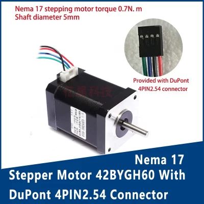 Motor de passo Nema17 42BYGH60 com conector DuPont 4PIN2.54 0,7N. diâmetro do eixo m 5mm ângulo de passo durável de eixo único 1.8 °