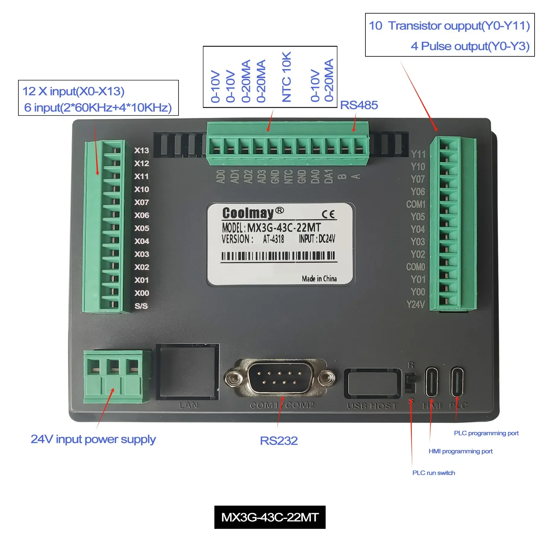 MX3G-70C-48MRT MX3G-50C-32MT MX3G-70C-48MT MX3G-43C-22MRT MX3G-43C-22MT Coolmay MX3G Série PLC HMI Tudo em um - Image 4