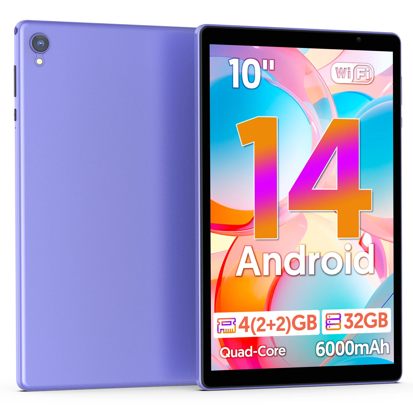 BAKEN Tablet Android 14 com tela HD de 10 polegadas, processador Quad-Core, 4 (2 + 2) GB ROM + 32 GB de RAM, Bluetooth, Google Play