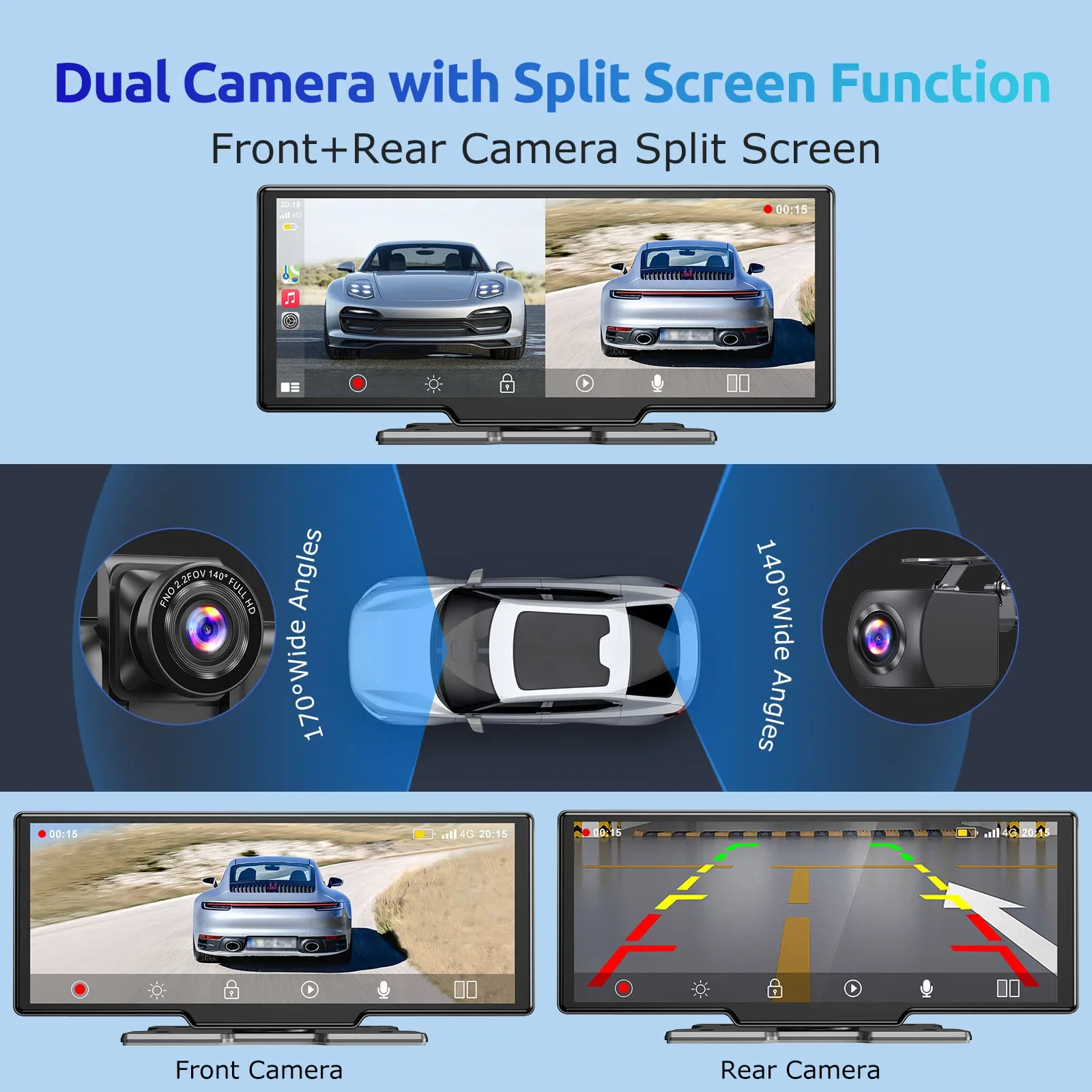 Câmera Veicular 4K 10,26” DVR Sem Fio CarPlay Android Auto Rádio Automotivo GPS e Dupla Lente - Image 3
