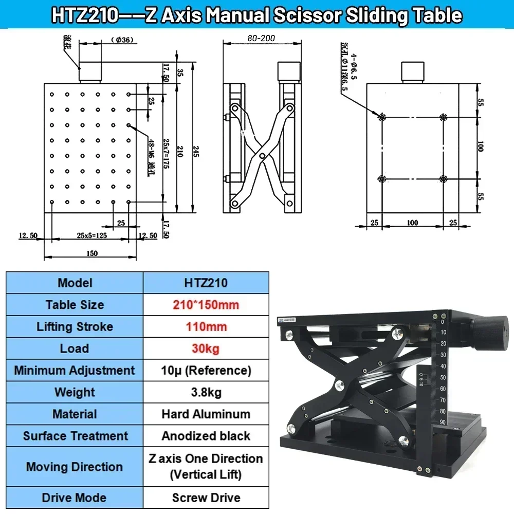 Mesa de elevação manual de tesoura, eixo z, plataforma de elevação óptica vertical, ajuste fino, plataforma de deslocamento para marcação a laser - Image 3