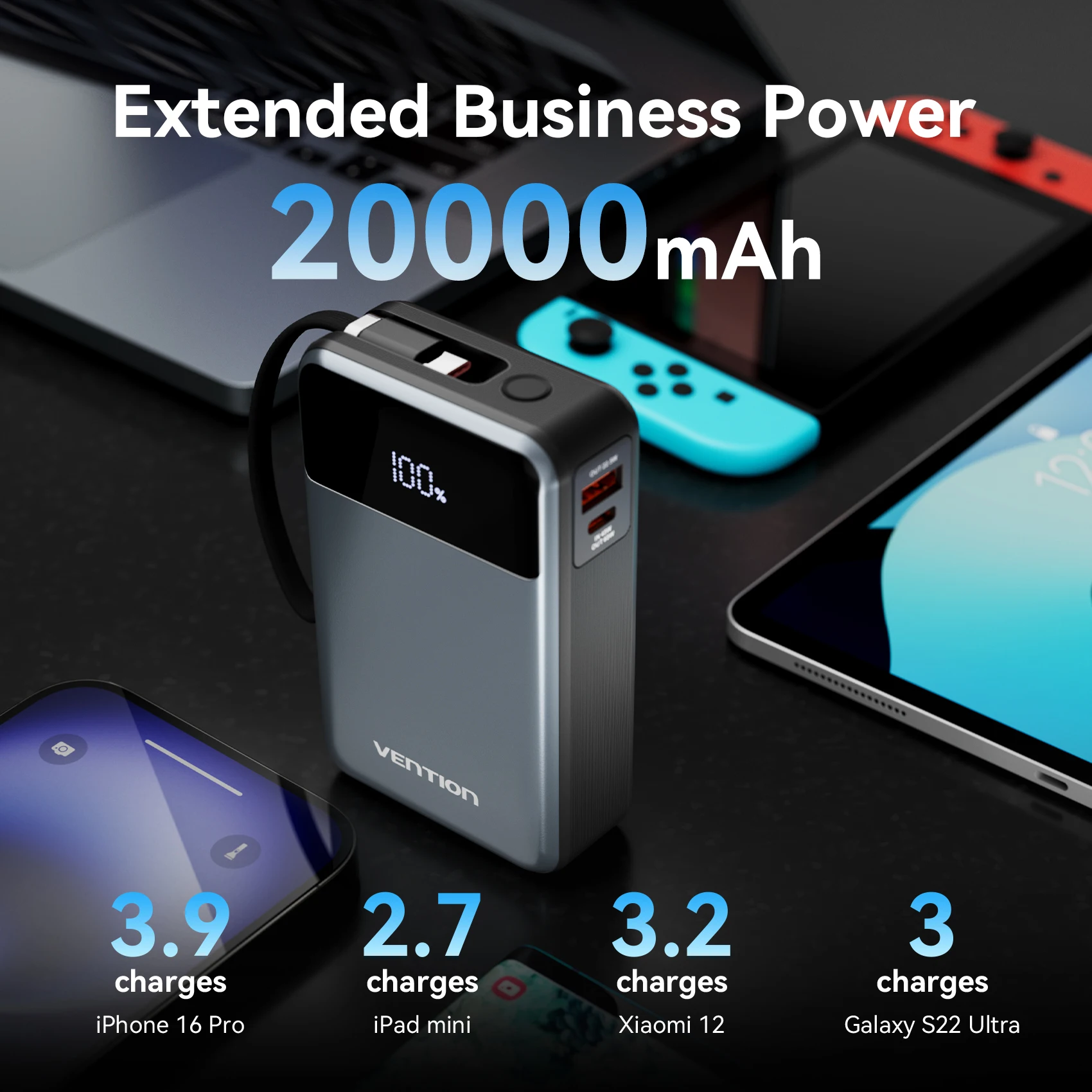Vention BR 20000mAh PD 65W Power Bank for Laptops Xiaomi Portable Fast Charging with Built-in USB Type-C Cable for iPhone 17 16 - Image 4