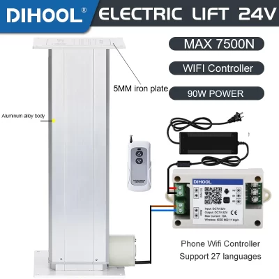 Coluna de elevação elétrica 7500n, plataforma de elevação elétrica, motor dc24v, controlador de aplicativo, 100mm 200mm 300mm 500mm 1000mm, suporte de curso