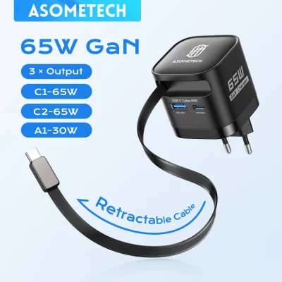 65W GaN USB Charger with Type C Retractable Cable 3 Port QC4.0 PD3.0 PPS Fast Charger for Macbook Laptop iPhone 16 15 14 Xiaomi