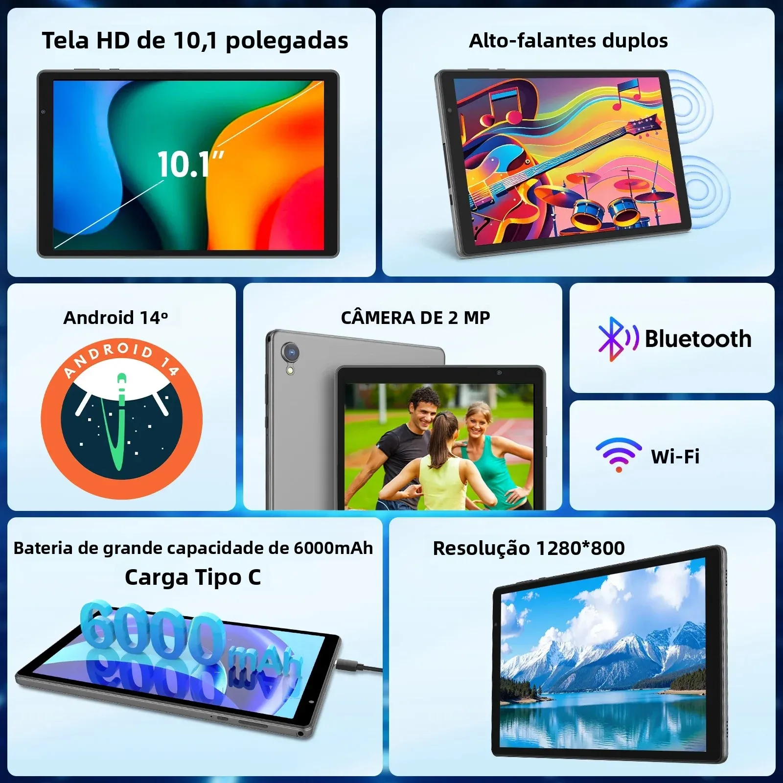 Mais recente tablet de 10,1 polegadas, quad-core, Android 14, armazenamento de 32 GB, expansão de cartão SD de 512 GB, WiFi, sem fio, câmeras duplas, GMS - Image 3