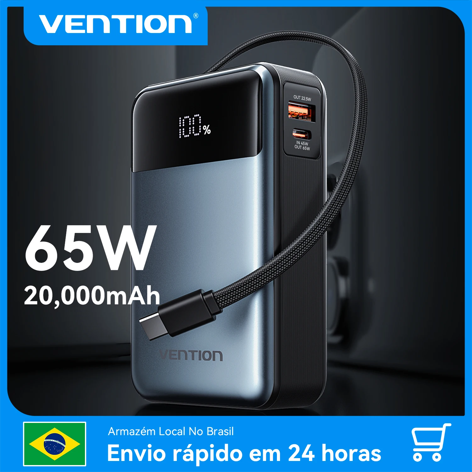 Vention BR 20000mAh PD 65W Power Bank for Laptops Xiaomi Portable Fast Charging with Built-in USB Type-C Cable for iPhone 17 16