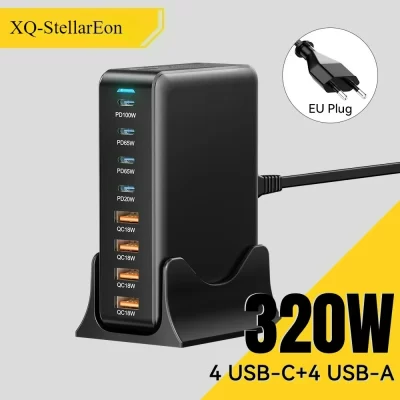 320W GaN Charger 8Port USB Type C Desktop Charging Station PD 100W Fast Charging For iPhone 16 15 14 iPad MacBook Laptop