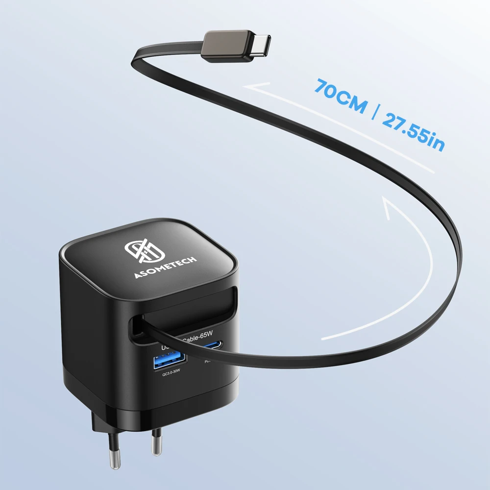65W GaN USB Charger with Type C Retractable Cable 3 Port QC4.0 PD3.0 PPS Fast Charger for Macbook Laptop iPhone 16 15 14 Xiaomi - Image 4