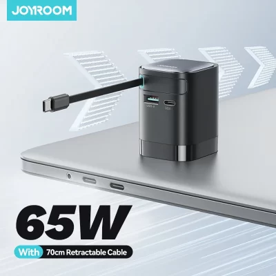 Joyroom 65W GaN Phone Charger with Retractable USB C Cable Desktop Charger EU Plug Fast Charging For iPhone 16 15 Tablet Laptop