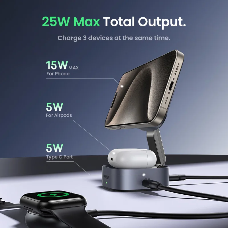 UGREEN 15W Magnetic Wireless Charger Stand 2-in-1 Charging Stand For iPhone 16 17 Pro Max/AirPods For Magsafe Fast Charger - Image 2