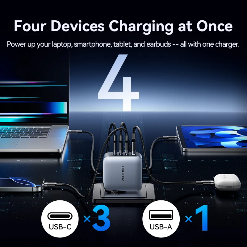 Vention GaN V 100W Fast Charger 4 Port USB A Type C Quick Charging for Macbook Tablet Xiaomi Quick Charge 4.0 3.0 for iPhone 16 - Image 4