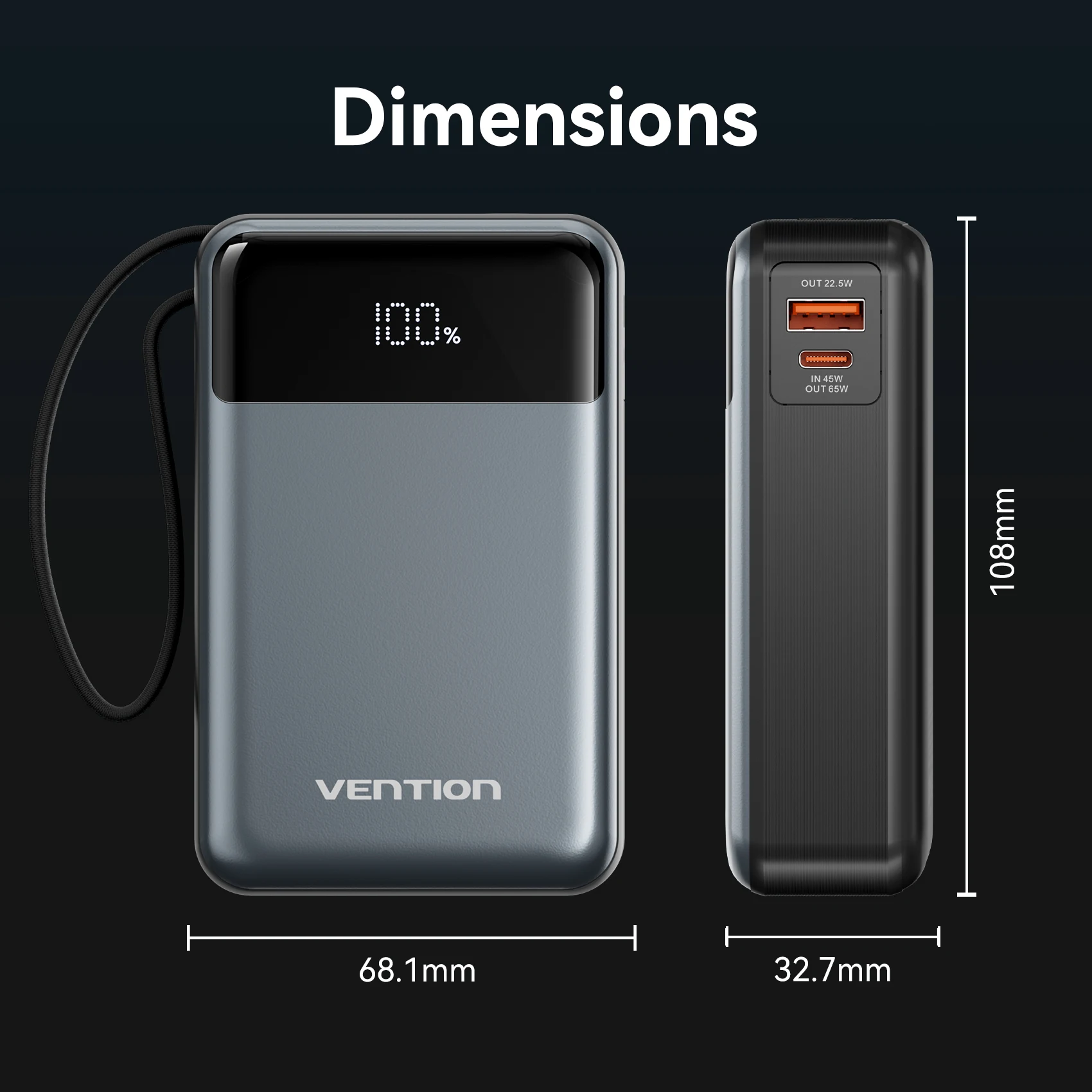 Vention BR 20000mAh PD 65W Power Bank for Laptops Xiaomi Portable Fast Charging with Built-in USB Type-C Cable for iPhone 17 16 - Image 5