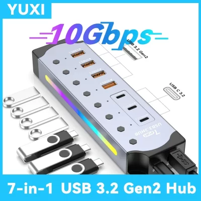 7 in 1 USB 3.2 Gen 2 HUB Powered USB 3.2 Splitter 10Gbps USB A Type C HUB Individual Switch Multiport RGB Expander For Laptop PC