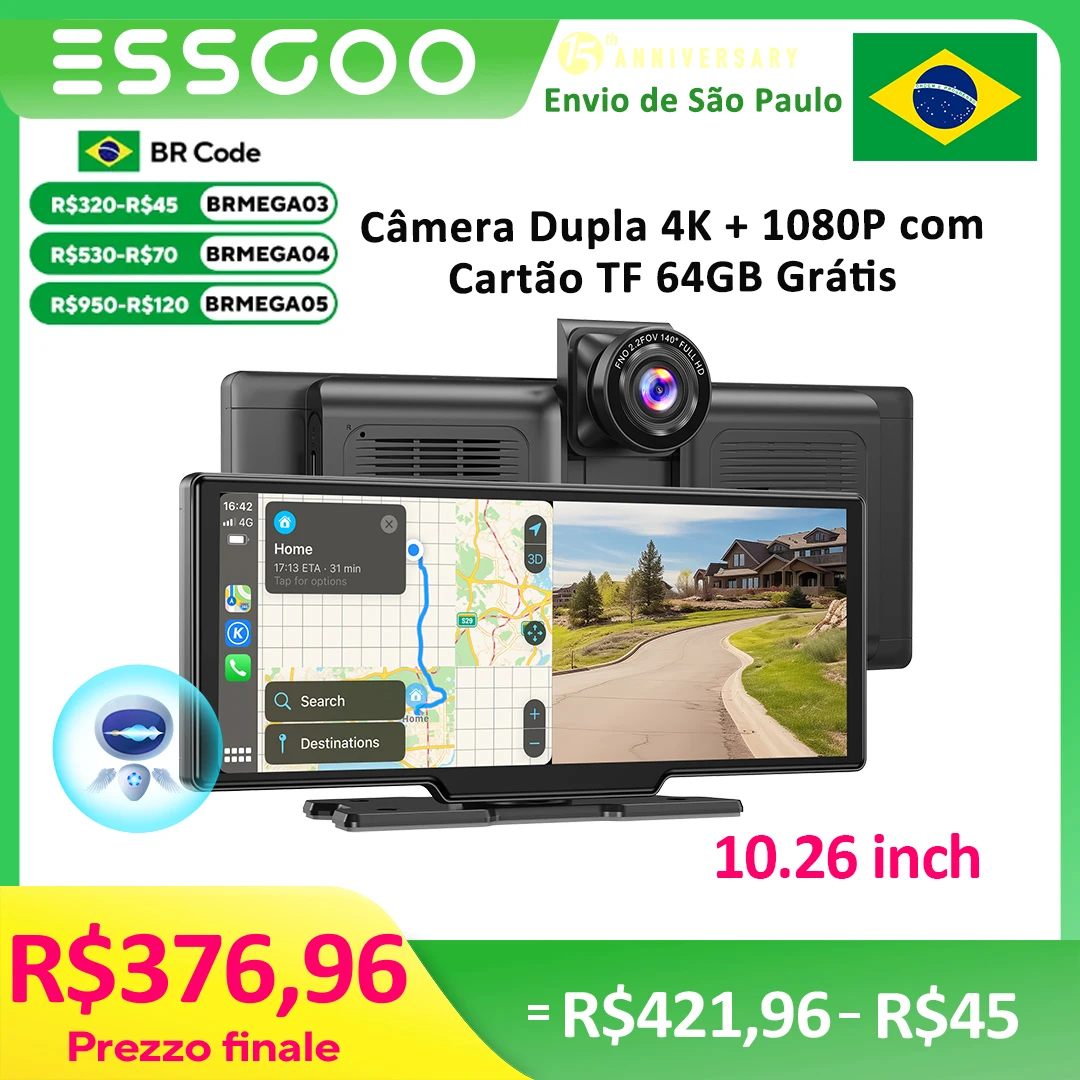 Câmera Veicular 4K 10,26” DVR Sem Fio CarPlay Android Auto Rádio Automotivo GPS e Dupla Lente