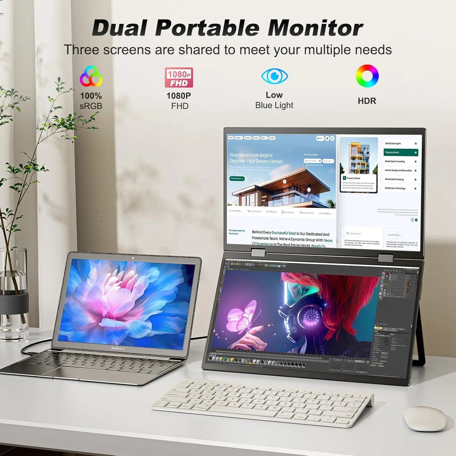 UPERFECT Delta 15.6"Dual Monitor Portable Gaming Triple Pc Display Laptop Screen 1080P HDR Folding Adjust For Phone Game Console - Image 2