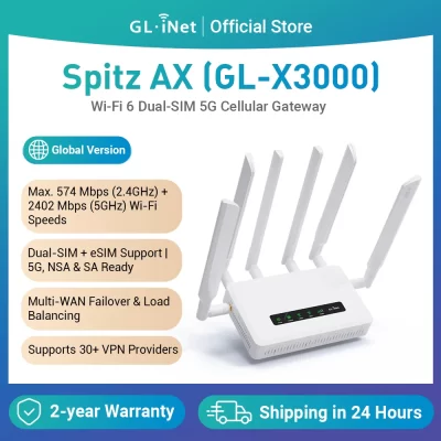 GL.iNet GL-X3000 (Spitz AX) 5G AX3000 Gateway Router, Wi-Fi 6, Multi-WAN, e antenas destacáveis, Dual-SIM, OpenVPN e WireGuard