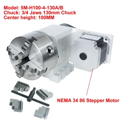 Máquina de gravura CNC, CNC A 4 ° Eixo Rotativo Eixo, NEMA34 86 Stepper Motor, Indexing Head, 3/4 Mandíbulas, 130mm Chuck, Centro Altura 100 milímetros